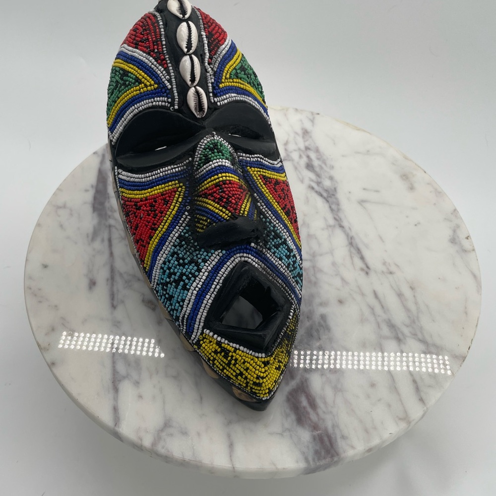 Beaded Handcarved Wood Tribal Warrior Mask